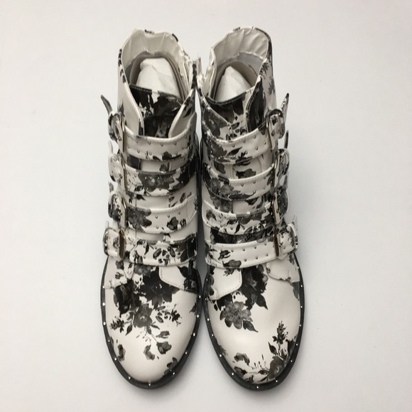 Floral Buckle Straps Studded Combat Ankle Boots - Picture 5 of 6